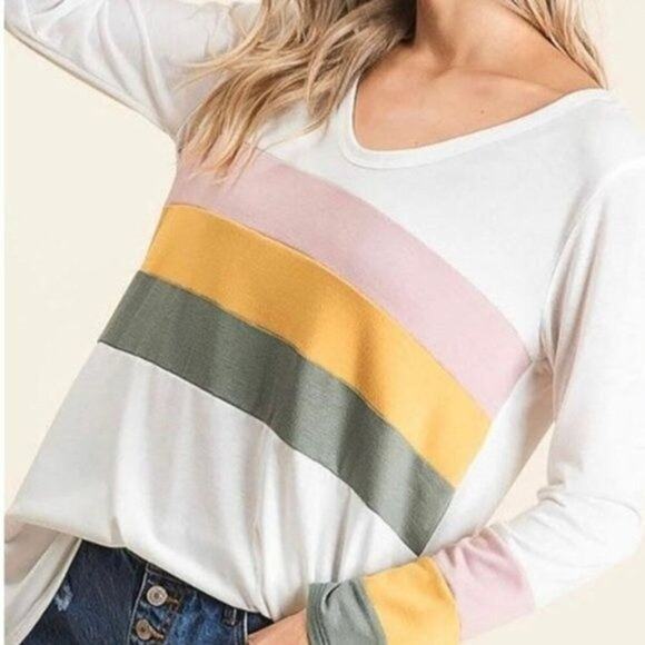 BIBI Shirt Medium Colorblock White Pullover Long Sleeve Strips Soft Casual - Picture 1 of 5